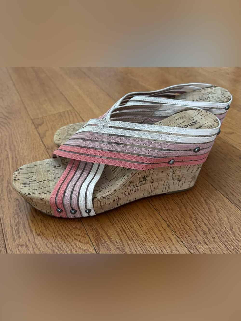 Lucky Brand Pink and Cream Striped Cork Wedge Sandals